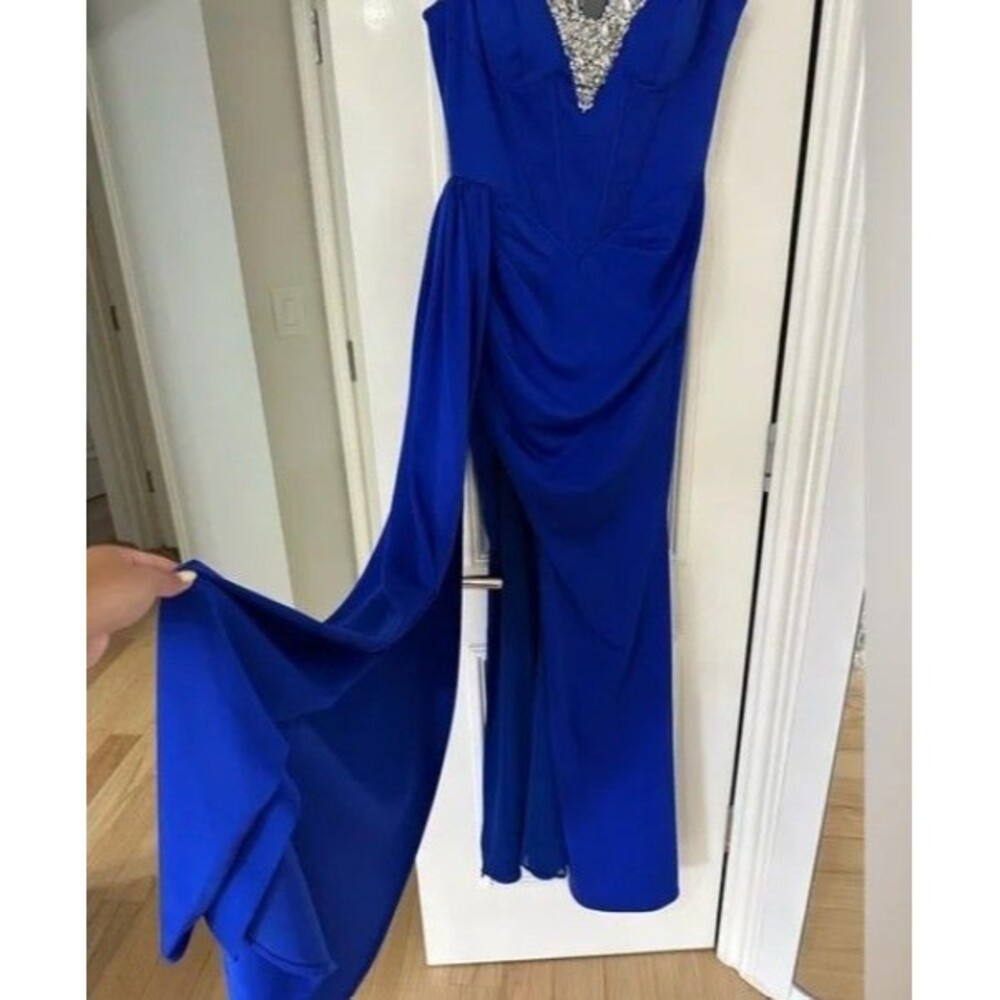 Portia & Scarlett Cobalt Corset Beaded Gown High Slit Formal Prom Dress Size 8 - Picture 5 of 5